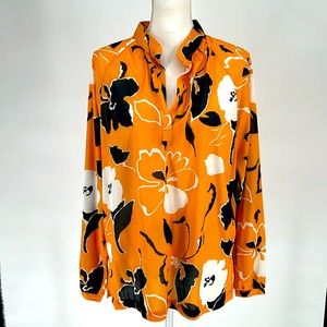 LADY DEVON Vintage V-Neck Blouse Long Sleeve Yellow Black White Floral Pattern